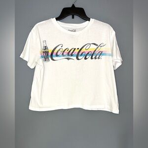 Coca-Cola Shirt Juniors M White Cropped Rainbow Stripe Logo Boxy Graphic Tee